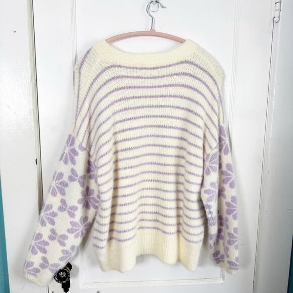 Altar’d State Fuzzy Teddy Cream Purple Floral Striped Haley Sweater Size Large L - Picture 8 of 11